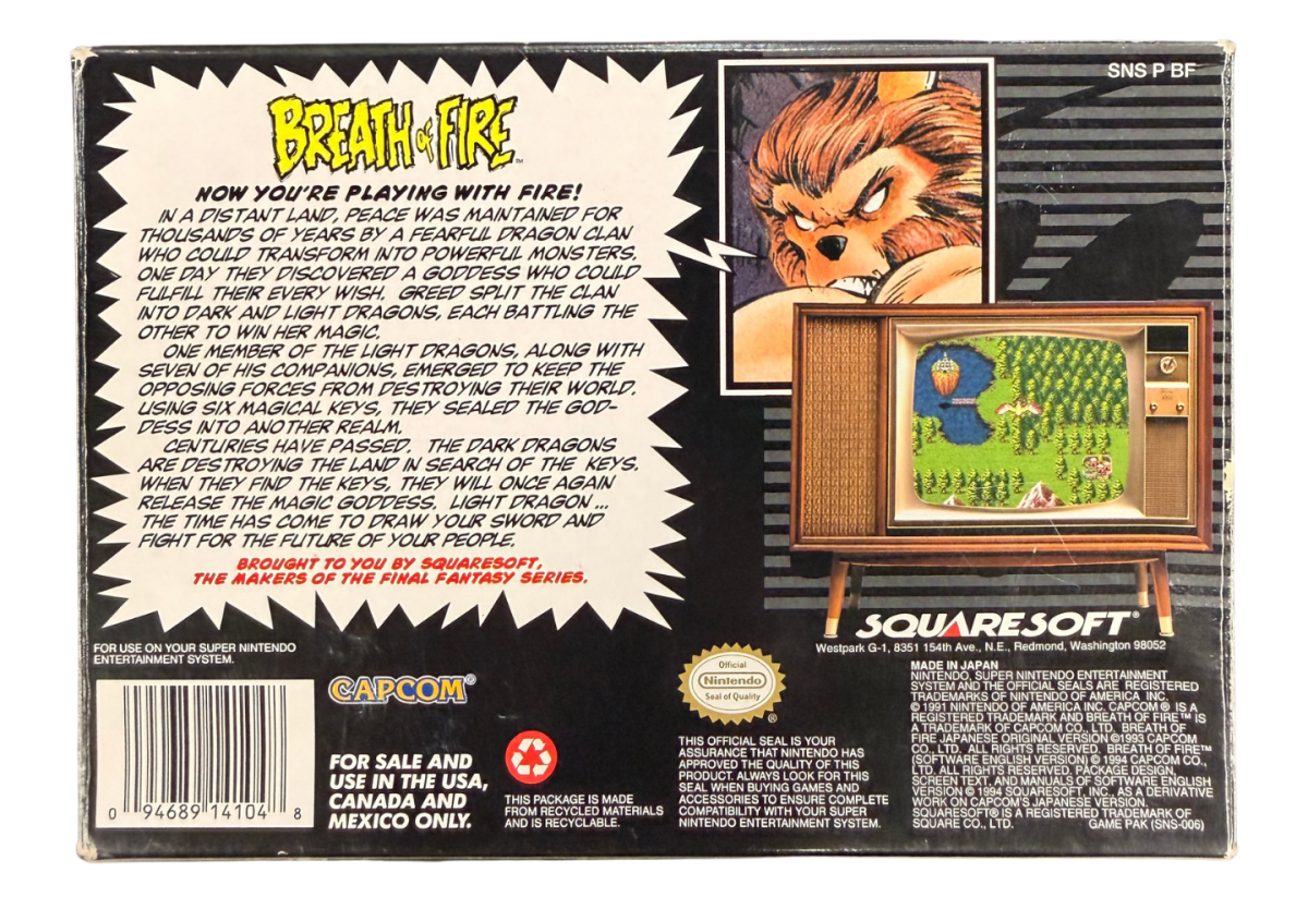 Breath of Fire Super Nintendo Entertainment System SNES retro video game role playing adventure featuring dragon transformations turn based combat fantasy characters exploration magical abilities challenging battles classic 16 bit graphics Super Nintendo gaming experience retro game collection appeal back cover art