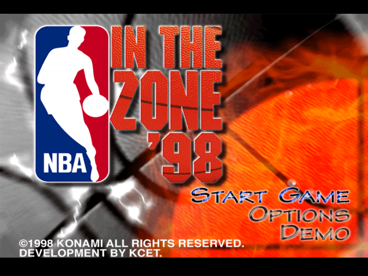 NBA in the Zone '98 title page for PlayStation 1 (PS1) retro video game
