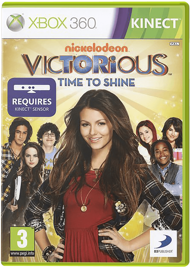 Victorious: Time to Shine cover art for Xbox 360 (X360) motion-controlled musical adventure video game