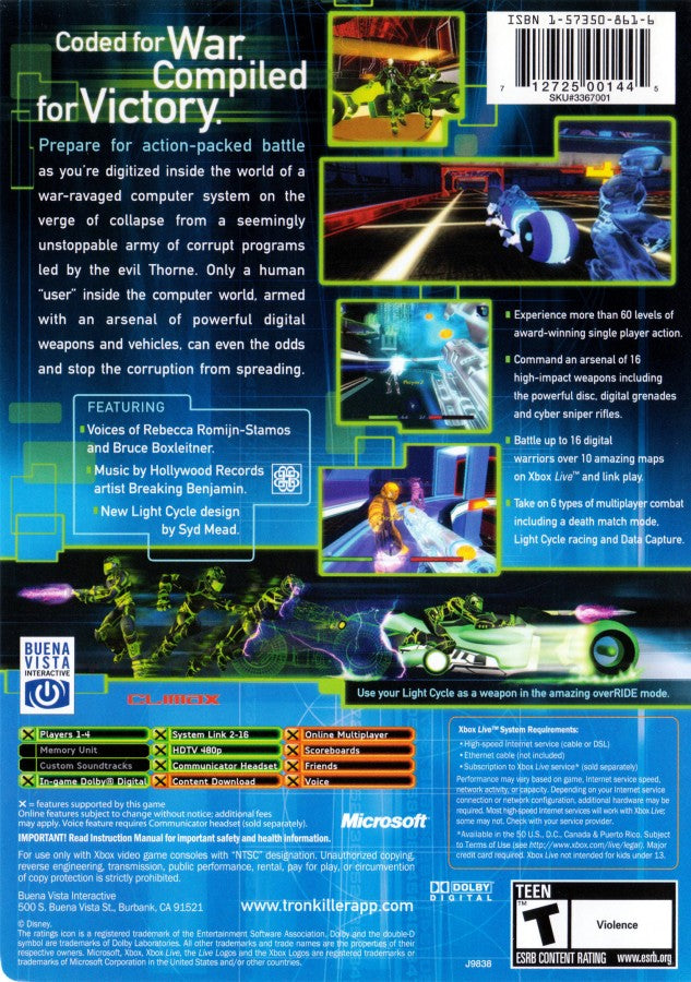 TRON 2.0 Killer App retro Xbox video game TRON futuristic sci fi action shooter cyber combat digital world light cycle battles first person gameplay console title Xbox release back of case