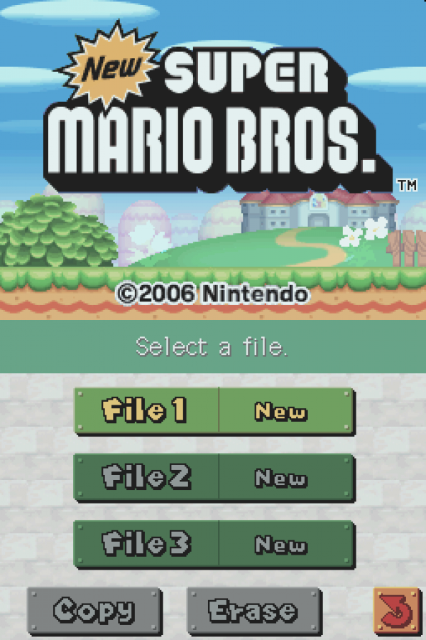 New Super Mario Bros start screen for Nintendo DS (DS) 2D platforming adventure video game