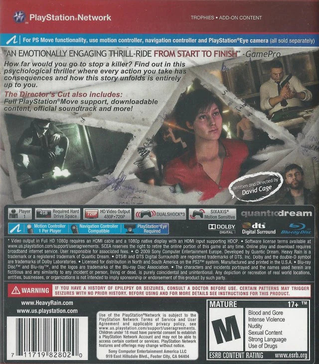 Heavy Rain Director's Cut Greatest Hits PlayStation 3 interactive drama thriller video game multiple protagonist narratives Quantic Dream branching story choices morality system crime investigation David Cage cinematic quick time events emotional psychological horror exclusive additional content The Taxidermist scene gameplay screenshot