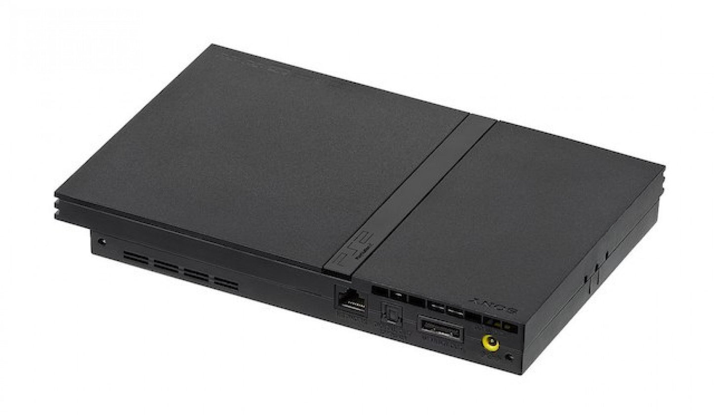Rear view of the PlayStation 2 Slim console, showing power input, AV multi-out, digital out ports, and ventilation design, detailed image highlighting console connectivity and structure