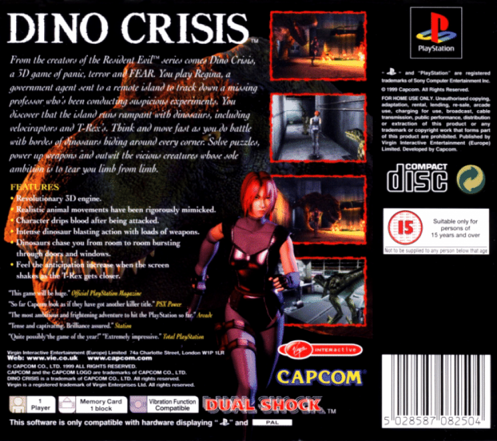 Dino Crisis PlayStation 1 survival horror game Regina and dinosaurs third-person combat puzzle solving futuristic setting cover art