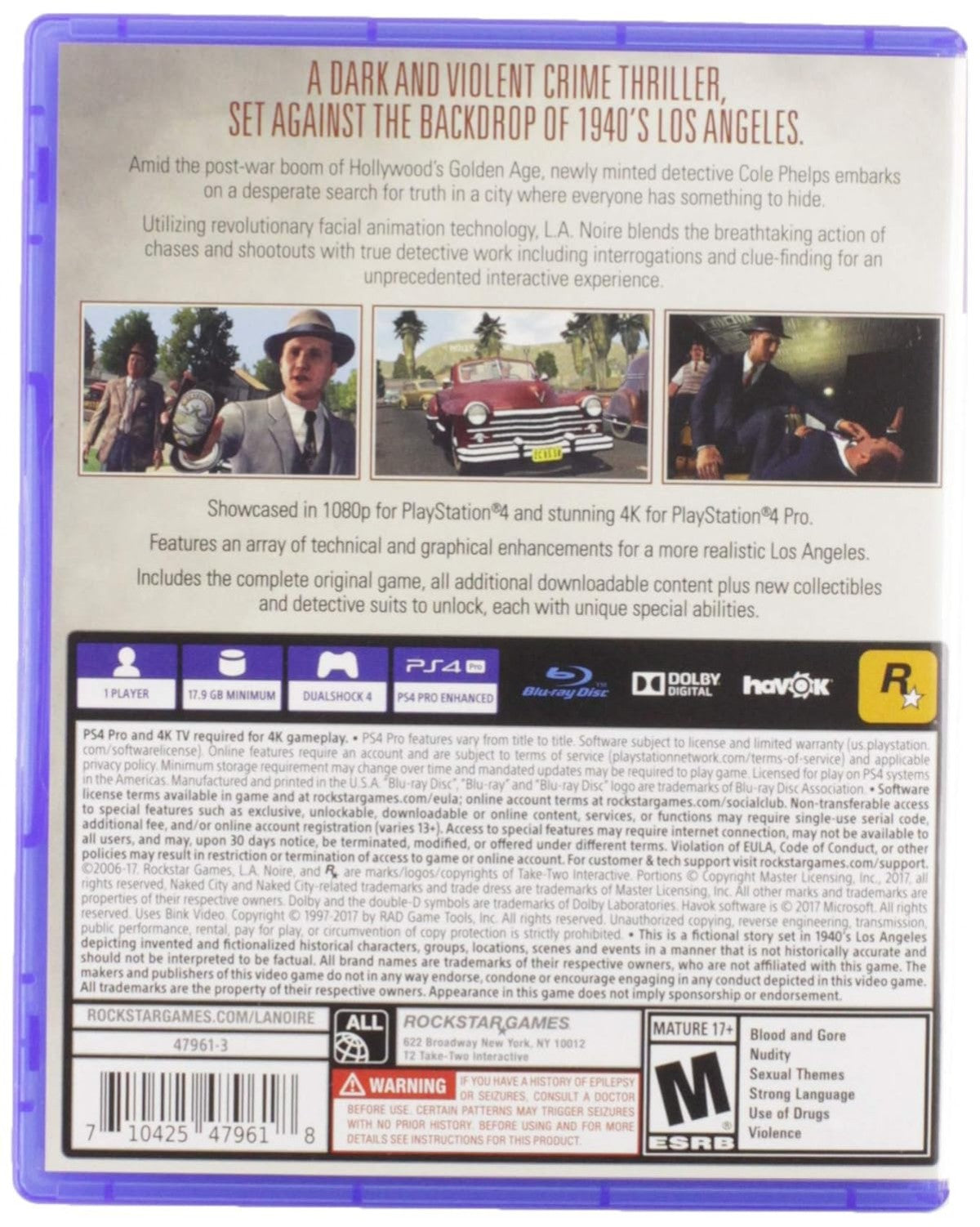 L.A. Noire PlayStation 4 PS4 for action adventure detective video game fans featuring crime investigation interrogation gameplay police cases open world Los Angeles exploration evidence gathering realistic facial animation cinematic storytelling vehicle driving and immersive noir atmosphere collectible gaming appeal back cover art