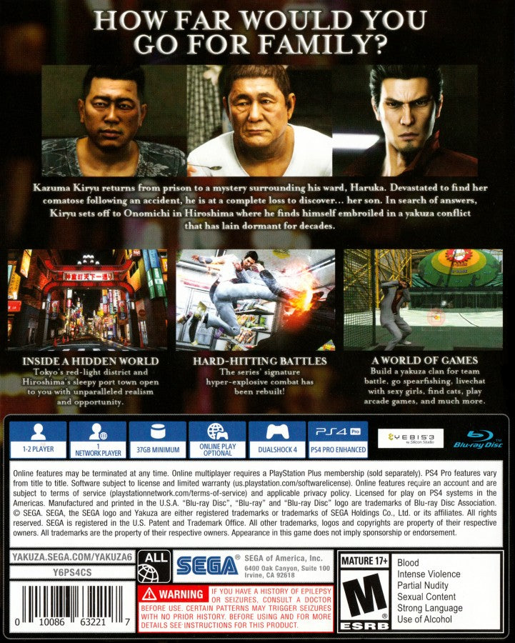 Yakuza 6: The Song of Life – PlayStation 4 (PS4) video game back of case, action-adventure role-playing game.