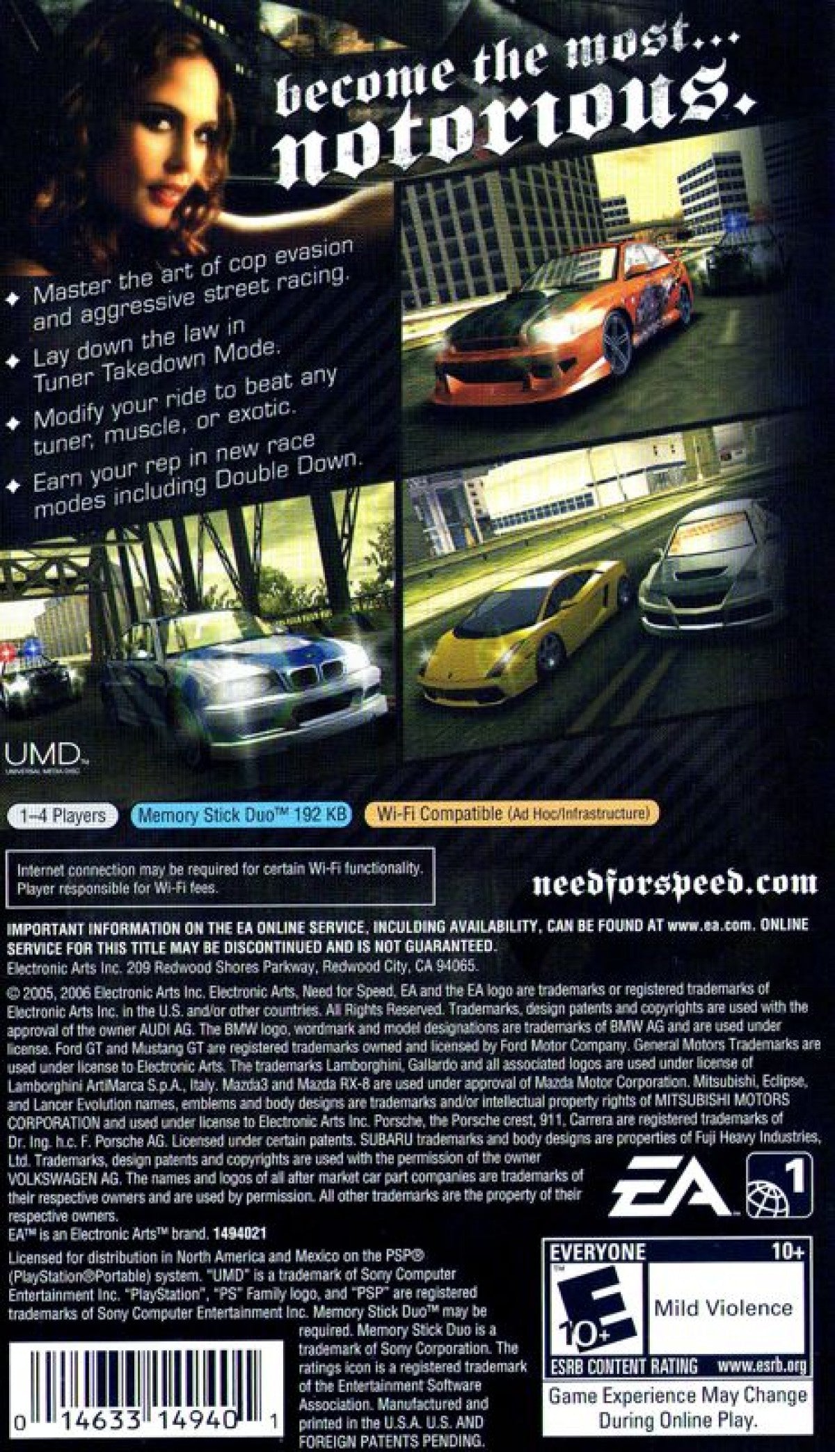 Need for Speed Most Wanted 5-1-0 game back cover for Playstation Portable video game.