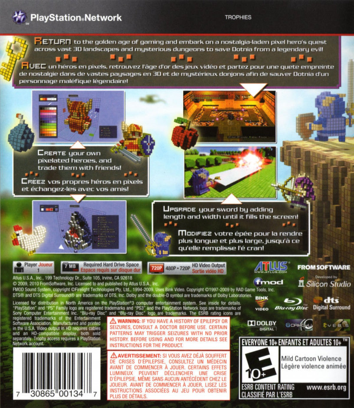 3D Dot Game Heores back game cover for PlayStation 3 video game.