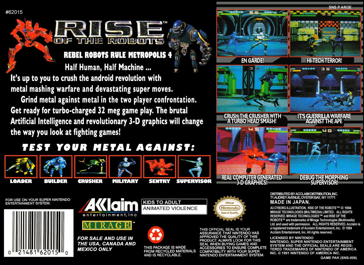 Rise of the Robots retro SNES video game Rise of the Robots sci fi fighting game robotic combat one on one battles futuristic action gameplay console title Super Nintendo release back of case
