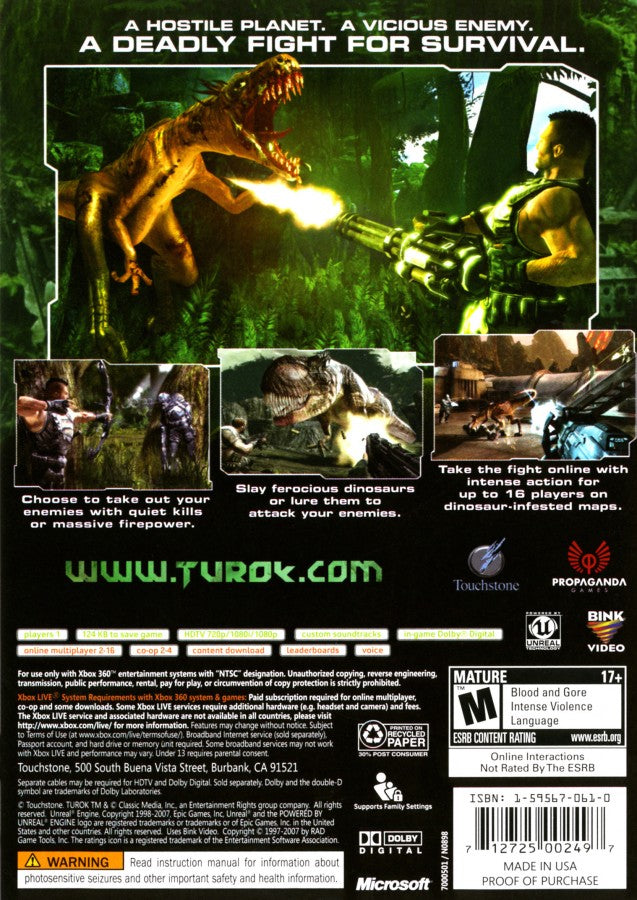 Turok for Xbox 360 first person shooter video game featuring brutal dinosaur combat jungle environments intense survival action and classic sci fi shooter franchise experience back cover art
