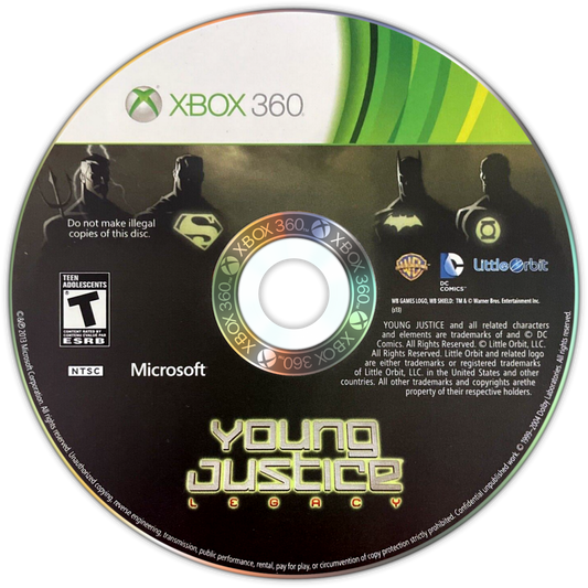 Young Justice Legacy game for the Xbox 360 featuring action RPG gameplay with team based combat character switching and a story set in the Young Justice universe with missions involving the Justice League and sidekicks across multiple locations disc