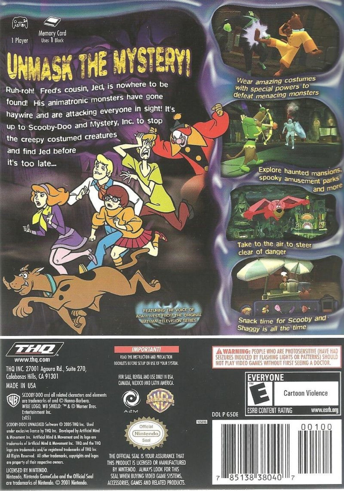 Back cover art for Scooby-Doo Unmasked GameCube GC video game, action platformer, mystery adventure, cartoon-based gameplay, family-friendly, Nintendo GameCube title