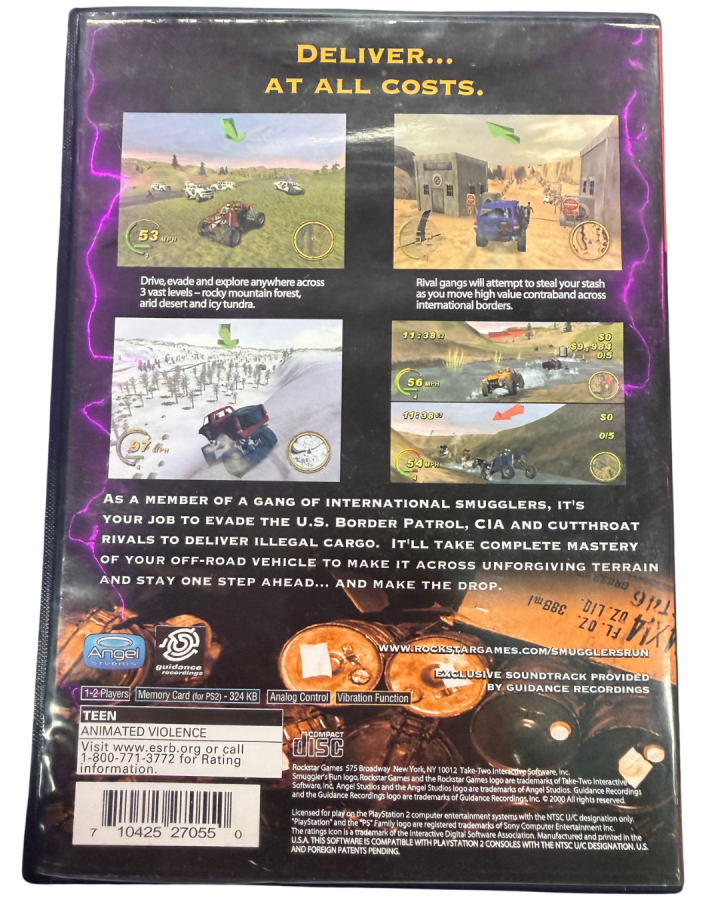 Smuggler's Run Greatest Hits edition for PlayStation 2 off road driving action game featuring open desert environments mission based gameplay vehicle chases arcade style racing back cover