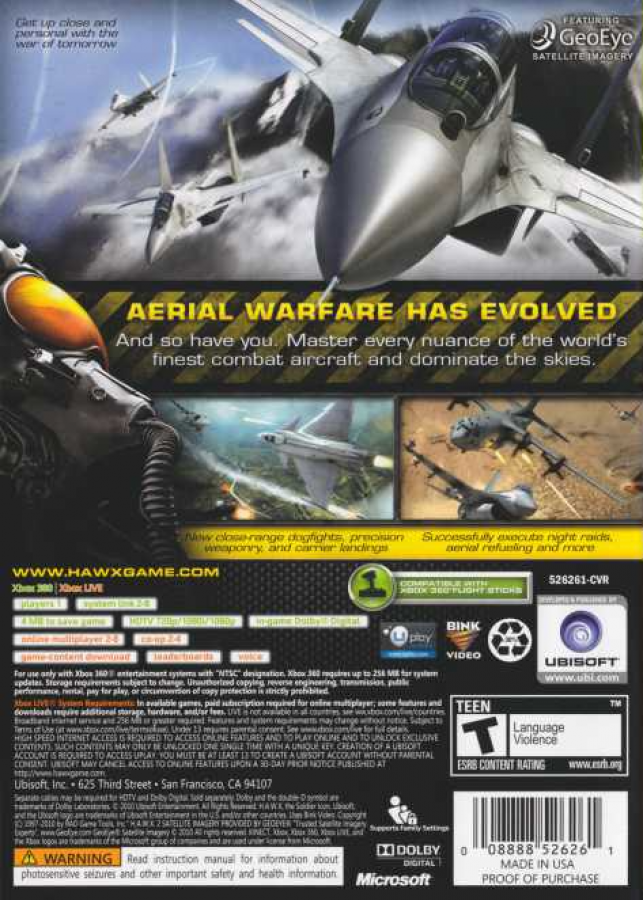 Tom Clancy’s H.A.W.X. 2 Xbox 360 video game, arcade-style flight combat, modern jet aircraft, military action gameplay, console title back cover