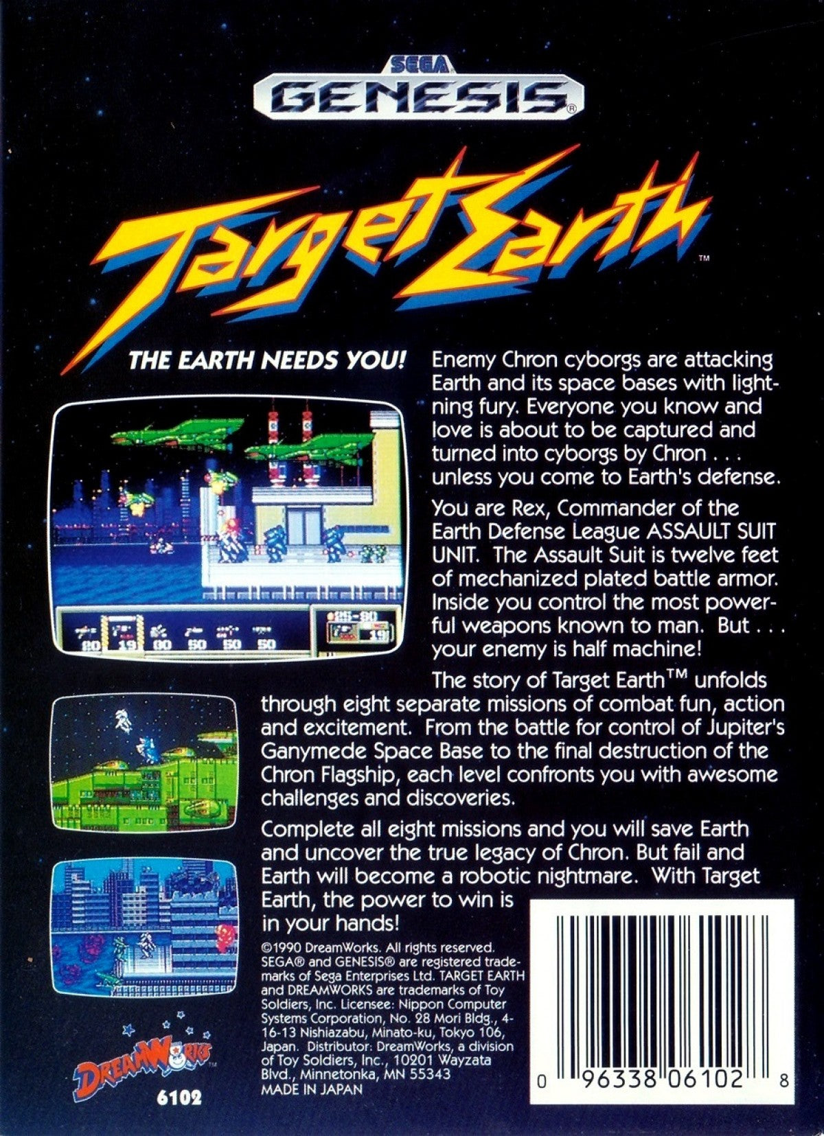 Target Earth Sega Genesis retro video game run and gun shooter back of case (1990)