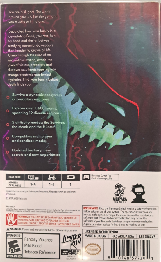 Rain World Nintendo Switch inspired design featuring atmospheric survival platform adventure aesthetic mysterious post apocalyptic ecosystem agile slugcat protagonist challenging exploration dynamic wildlife encounters pixel art environments immersive indie gameplay presentation back cover