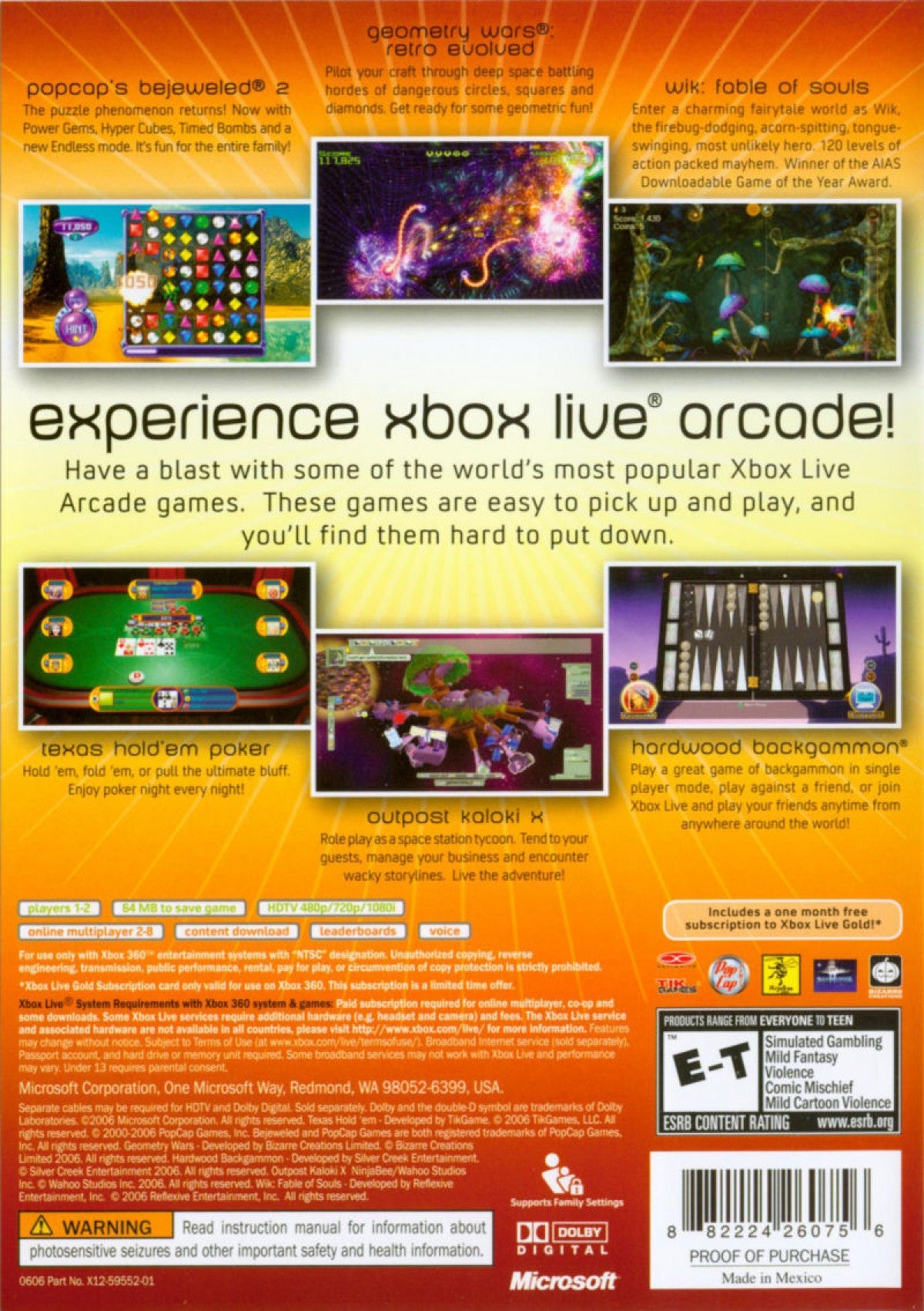 Xbox Live Arcade Unplugged Volume 1 Xbox 360 compilation game featuring a collection of classic Xbox Live Arcade titles playable on the go with Xbox 360 Portable (commonly bundled with original Xbox 360 Portable units), including retro favorites like Pac-Man Championship Edition, Geometry Wars: Retro Evolved, Toy Soldiers, Hexic, and other downloadable hits — arcade-style mini games and multiplayer fun in one portable compilation. back cover