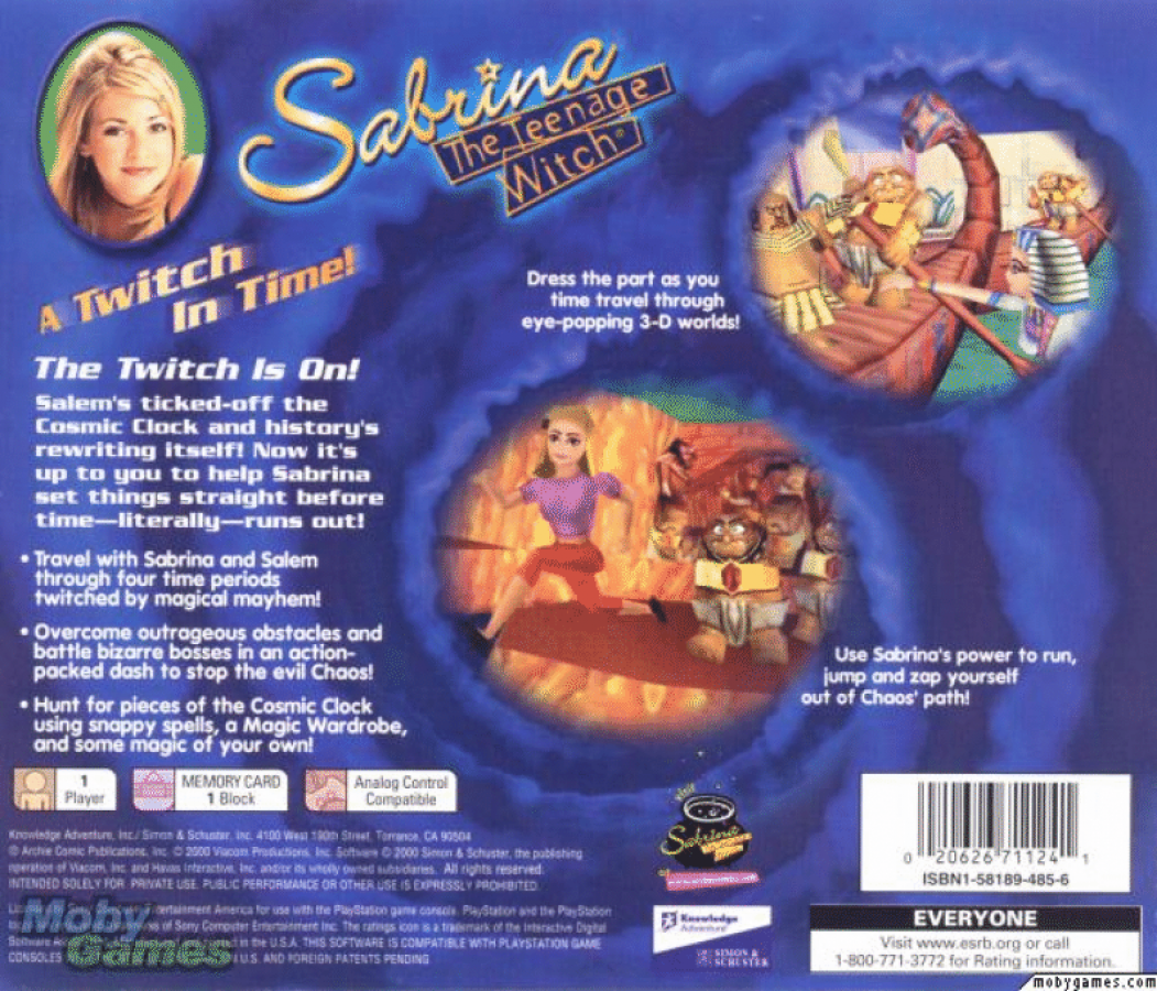 Sabrina the Teenage Witch: A Twitch in Time back cover art for PlayStation 1 (PS) video game