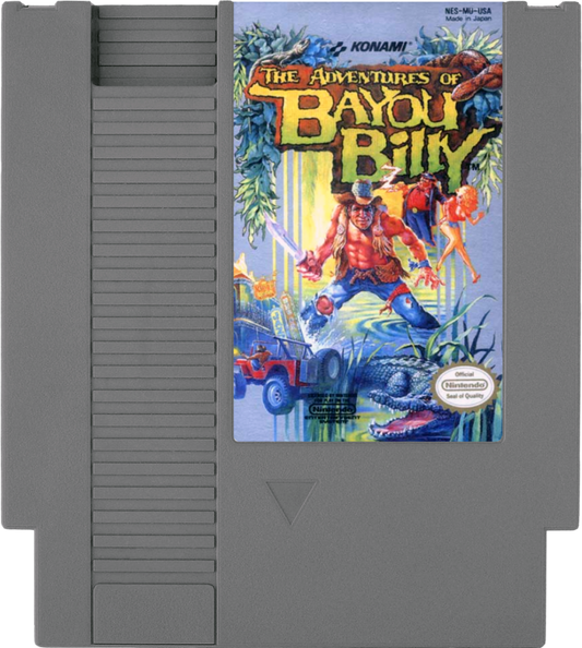 The Adventures of Bayou Billy cartridge for the Nintendo Entertainment System featuring 8 bit action gameplay with beat em up driving and shooting segments set in the Louisiana bayou with challenging arcade style difficulty cartridge