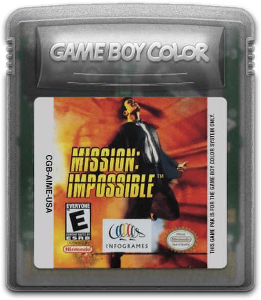 Mission Impossible for Game Boy Color, cartridge for an action-adventure video game with stealth gameplay, mission-based objectives, gadget use, and spy-themed challenges