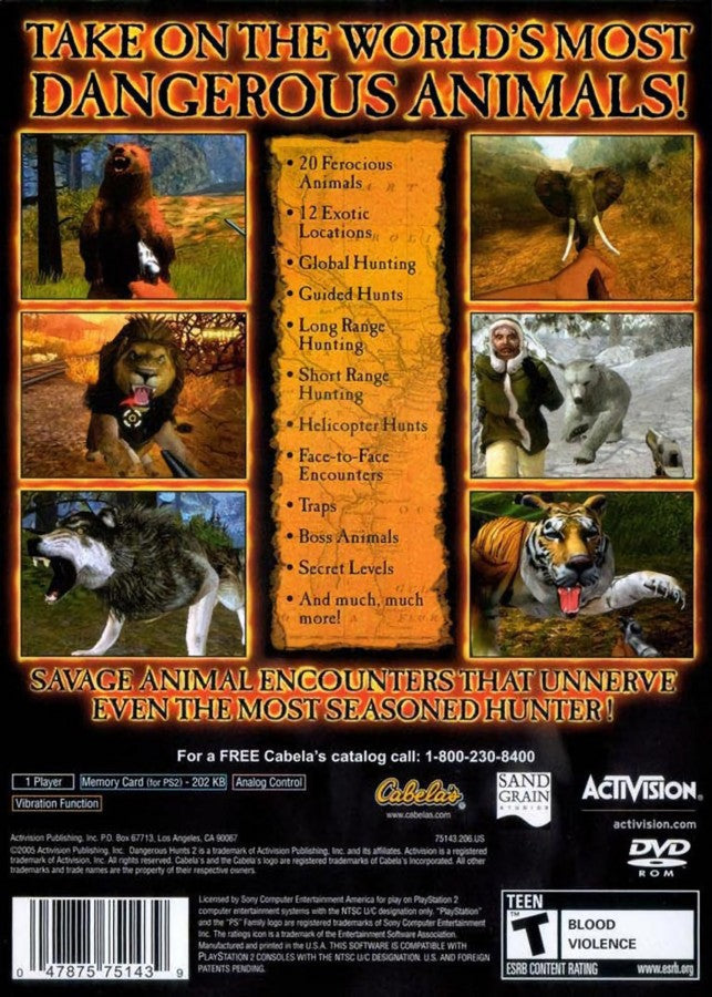 Cabela’s Dangerous Hunts 2 for PlayStation 2 with intense hunting challenges and wildlife survival theme back cover art