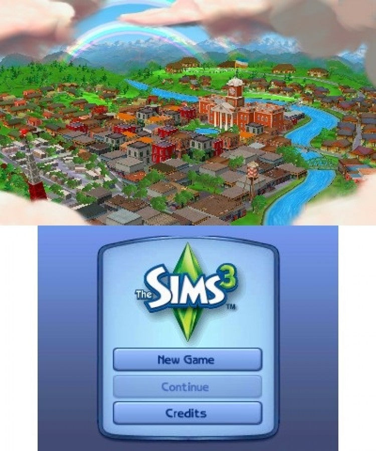 The Sims 3 main menu for Nintendo 3DS (3DS) life simulation video game