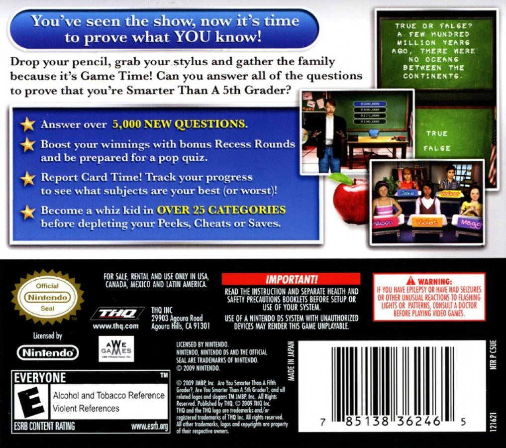 Are You Smarter Than a 5th Grader Game Time Nintendo DS video game, trivia quiz gameplay, family-friendly educational fun, handheld console title back cover