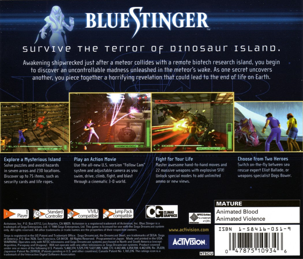 Blue Stinger Sega Dreamcast DC for retro video game enthusiasts featuring survival horror action gameplay 3D exploration intense combat puzzle solving mutant enemies cinematic adventure classic Dreamcast collectible gaming appeal back cover