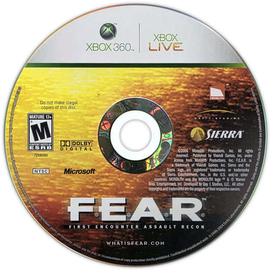 F.E.A.R. First Encounter Assault Recon Xbox 360 video game featuring atmospheric first person shooter gameplay intense horror elements psychic enemy powers tactical bullet time combat immersive single player campaign and award-winning horror-action experience by Monolith Productions. disc