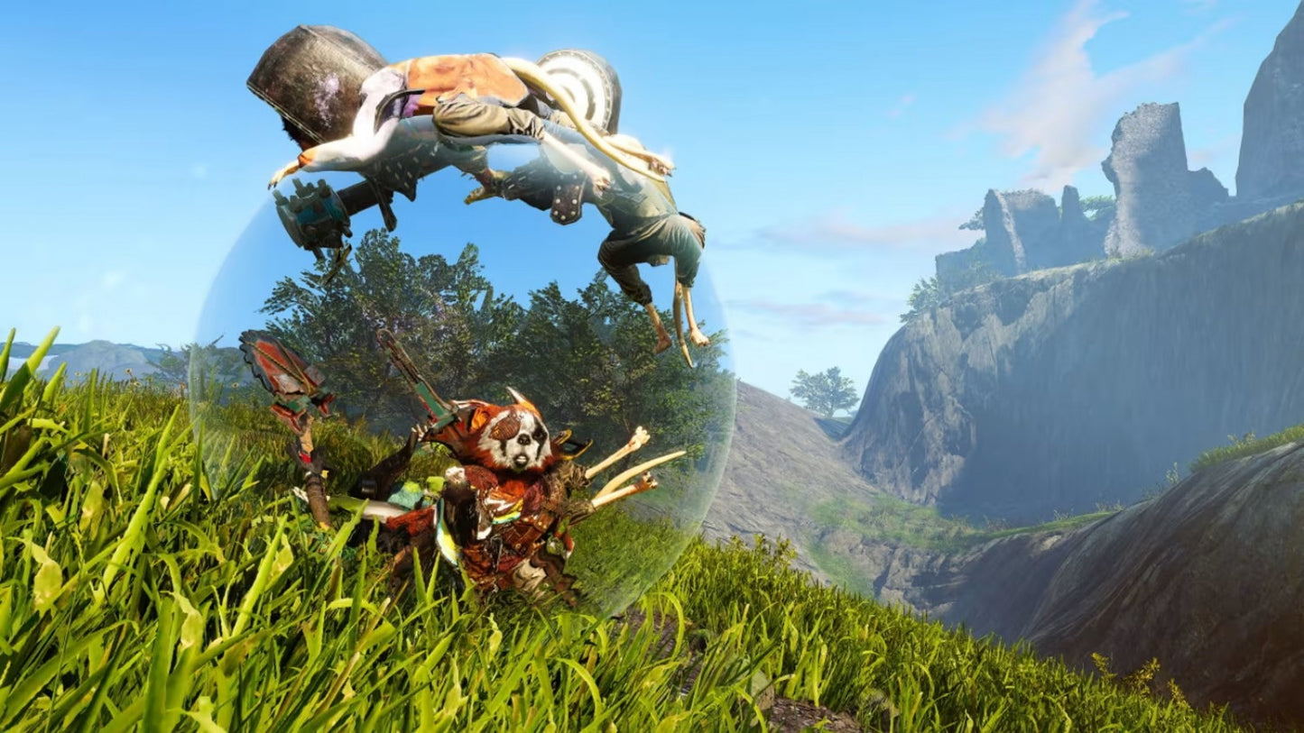 Biomutant Nintendo Switch inspired design featuring open world action role playing adventure aesthetic mutated animal hero martial arts combat customizable weapons post apocalyptic landscapes vibrant exploration and survival gameplay presentation gameplay