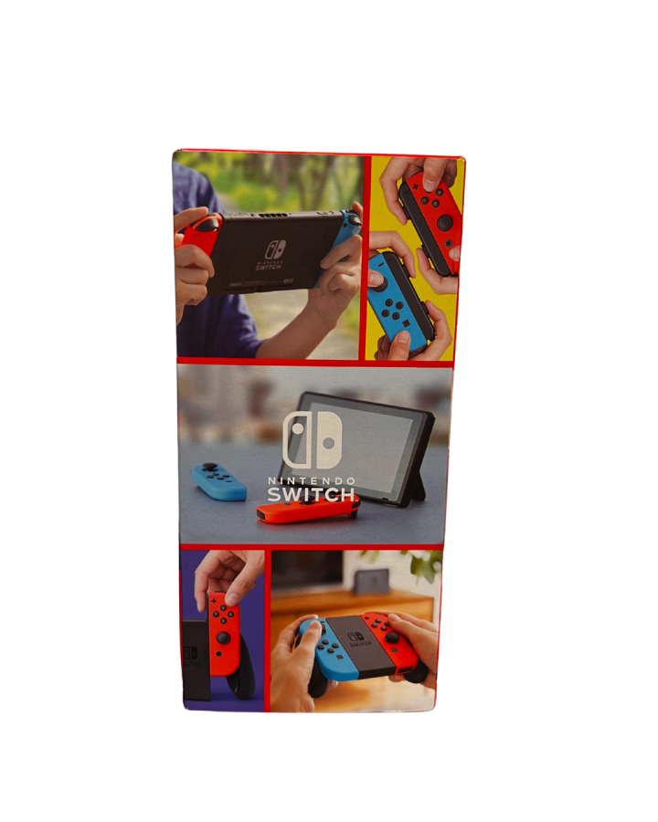 Side view of a Nintendo Switch retail box showing logo branding and product information along the packaging edge.
