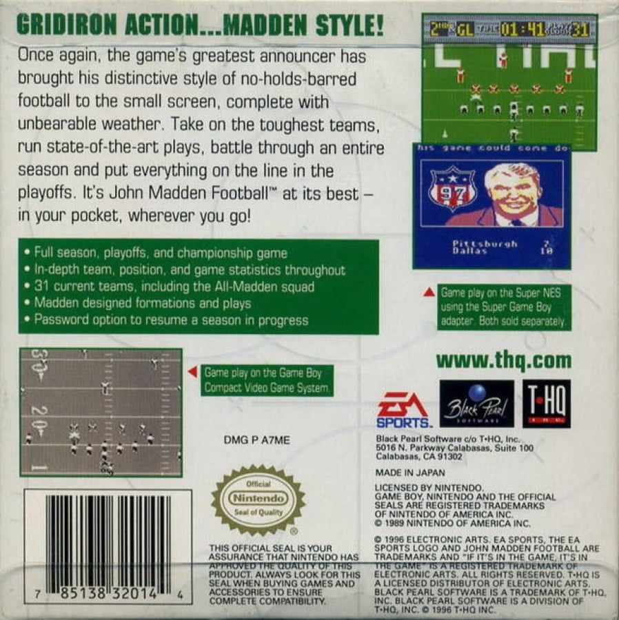 Madden NFL 97 back cover art for Game Boy (GB) video game