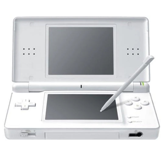 Nintendo DS Lite White handheld gaming console featuring classic white design dual screens touchscreen controls stylus input foldable clamshell form factor Game Boy Advance game compatibility Nintendo DS games wireless multiplayer portable gaming and iconic Nintendo handheld gaming appeal