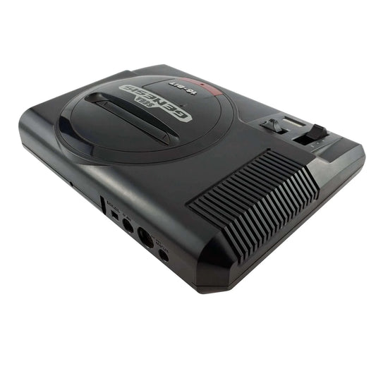 Rear angled view of a Sega Genesis Model 1 console showing power input, AV and RF ports, channel select switch, and ventilation grilles from a slight side perspective.