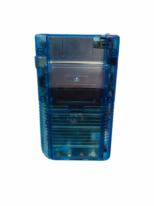 Back view of a custom original Game Boy with a translucent light blue shell and blue buttons, showing the battery cover, cartridge slot, and internal components faintly visible through the casing.