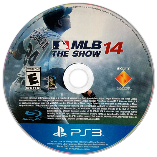 MLB 14 The Show PlayStation 3 PS3 video game, baseball sports simulation, realistic gameplay, multiplayer modes, Sony console title disc cover art