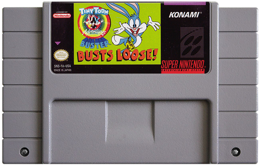 Buster Busts Loose game for the Super Nintendo Entertainment System featuring side scrolling platformer gameplay with cartoon style visuals fast paced levels special abilities and stages based on Tiny Toon Adventures starring Buster Bunny cartridge