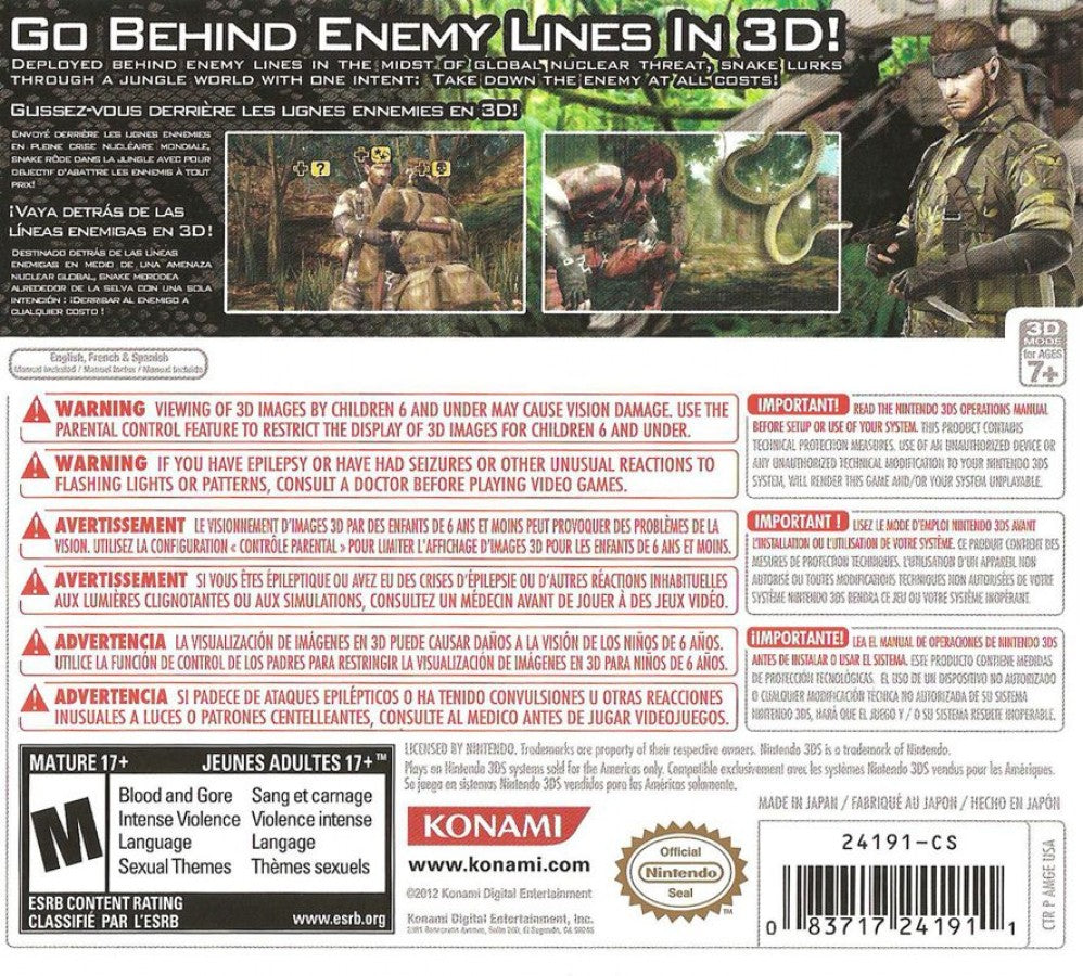 Metal Gear Solid 3D: Snake Eater back of case for Nintendo 3DS (3DS) stealth action video game