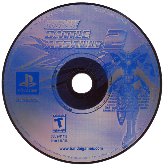 Disc art for Gundam Battle Assault 2 PlayStation 1 game featuring fast-paced 2D fighting action with classic Mobile Suit Gundam characters