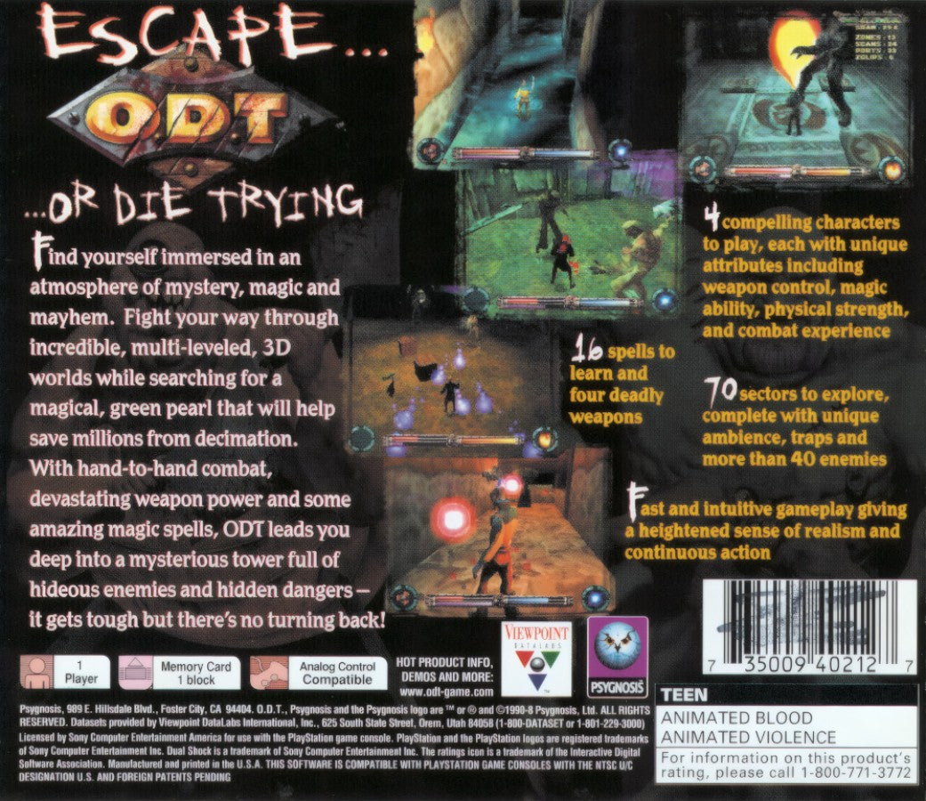 ODT: Escape or Die Trying PlayStation 1 PS1 for action adventure retro video game fans featuring fantasy exploration puzzle solving platforming combat mysterious worlds challenging quests cinematic gameplay collectible gaming appeal back of case