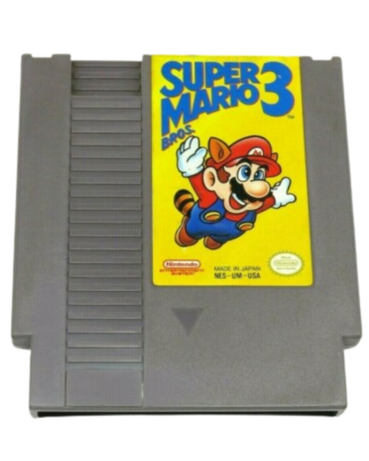 Super Mario Bros. 3 cartridge for the Nintendo Entertainment System featuring classic 8 bit platforming gameplay with left side Bros label variant power ups secret worlds and side scrolling adventure as Mario and Luigi battle Bowser to save the Mushroom Kingdom cartridge