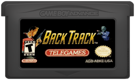 BackTrack Game Boy Advance GBA video game featuring first person shooter gameplay sci fi exploration alien environments weapon combat enemy encounters mission based action and classic handheld gaming retro video game collection collectible gaming appeal cartridge