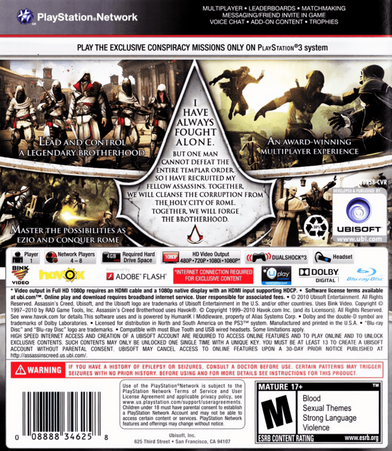 Assassin's Creed: Brotherhood back cover art for PlayStation 3 (PS3) video game
