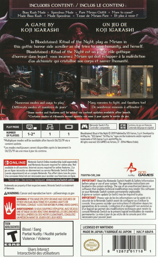 Bloodstained Ritual of the Night Nintendo Switch for action role playing video game fans featuring gothic side scrolling exploration metroidvania gameplay challenging boss battles weapon crafting character progression magical abilities dark fantasy adventure collectible gaming appeal back cover art