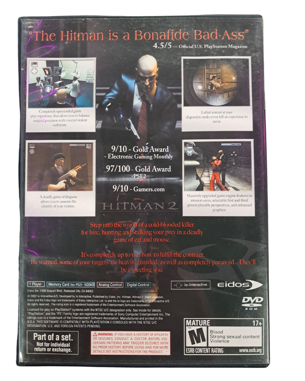 Hitman 2 Silent Assassin game for the PlayStation 2 featuring stealth action gameplay with open ended missions disguises and tactical assassinations as Agent 47 across international locations back cover