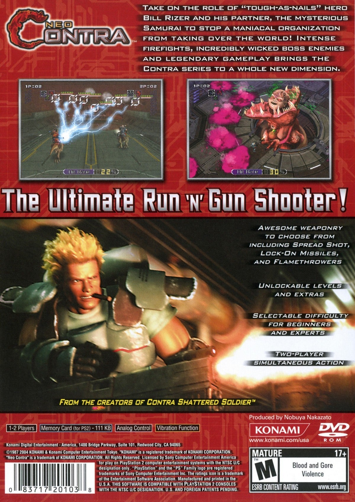 Neo Contra PS2 Sony PlayStation 2 run and gun action shooter Contra series arcade style top down and third person hybrid gameplay fast paced shooting enemy waves Konami co op action sci fi combat retro gaming PlayStation 2 software video game title back cover art