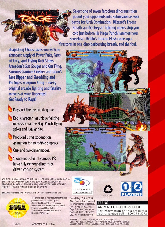 Primal Rage back cover art for Sega Genesis (GEN) video game