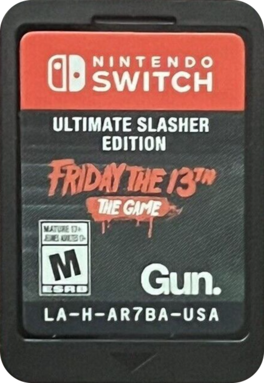 Friday the 13th: The Game Ultimate Slayer Edition for Nintendo Switch (NS) at Gamers INC, featuring the iconic Jason Voorhees on the cover, including all released DLC and retail-exclusive content for the ultimate horror gaming experience on the go cartridge