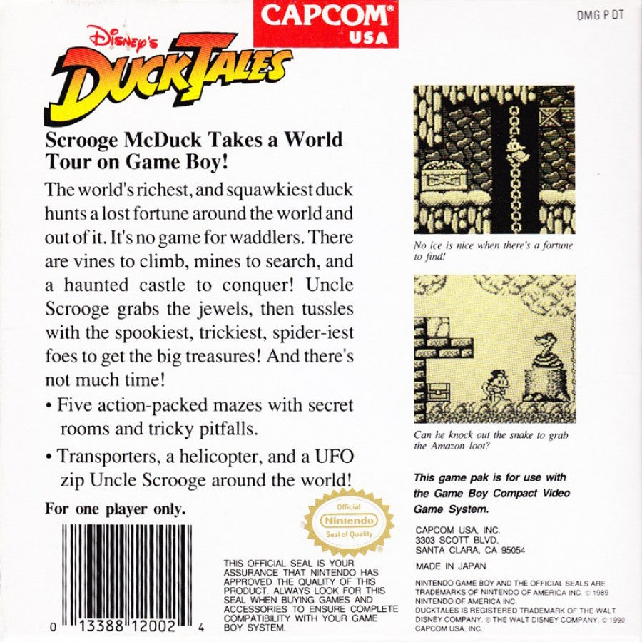 Duck Tales Game Boy Disney platformer action video game Scrooge McDuck treasure hunting pogo jump cane bounce Capcom NES port handheld retro classic 8-bit back cover