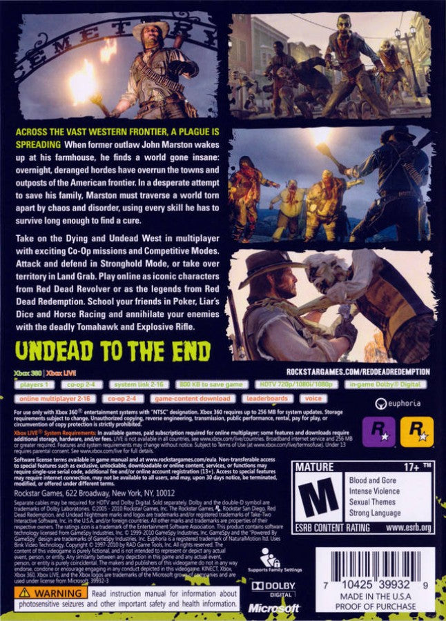 Red Dead Redemption Undead Nightmare Xbox 360 X360 for retro video game enthusiasts featuring open world action adventure gameplay zombie survival combat Wild West exploration undead enemies horseback riding weapon upgrades and collectible gaming appeal back cover art